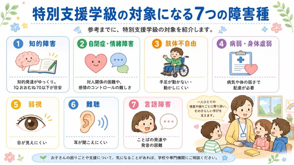 特別支援学級の対象になる7つの障害種を、イラストつきでわかりやすく紹介したブログ用の挿絵。
