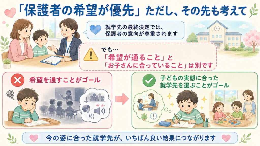 保護者の希望を尊重しつつ、子どもの実態に合った就学先を選ぶ大切さを説明したブログ用の挿絵。
