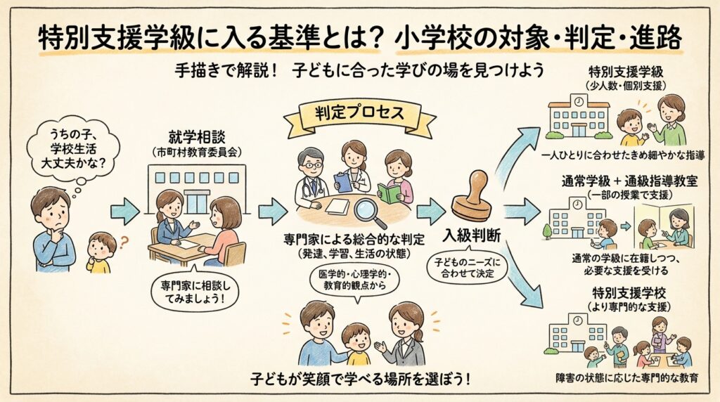 特別支援学級に入る基準とは?小学校の対象・就学相談・進路までわかりやすく解説の入学基準や流れの画像です