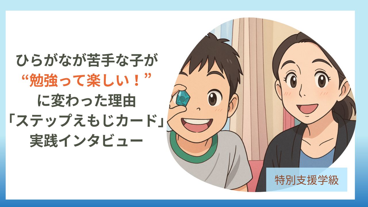 特別支援学級担任向け教員コンパスの記事 ひらがなが苦手な子が “勉強って楽しい!”に変わった理由 |ステップえもじカード実践インタビューのアイキャッチです。