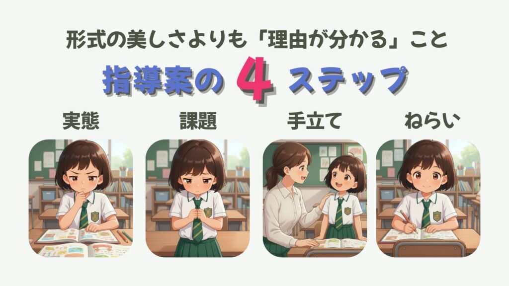 【特別支援学級】研究授業のつくり方｜学年バラバラでも成功する“実態に合わせた指導案と見せ方”の指導案は「実態 → 課題 → 手立て → ねらい」を書くの画像