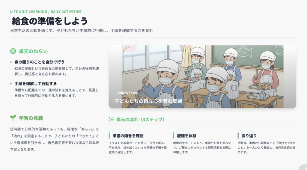 「生活単元学習の授業づくり|1単元の流れと具体例」の【特別支援学級】生活単元学習の授業づくりの具体例「給食の準備をしよう」