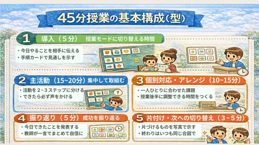 特別支援学級の授業づくり完全ガイド|授業が安定し、子どもが安心して学べる学級への「45分授業の基本構成(型)」の画像