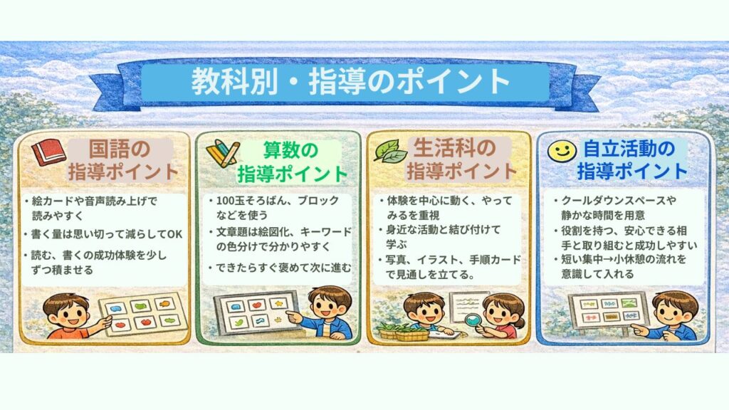 特別支援学級の授業づくり完全ガイド|授業が安定し、子どもが安心して学べる学級への「教科別・指導のポイント(国語・算数・生活・自立活動)」の画像