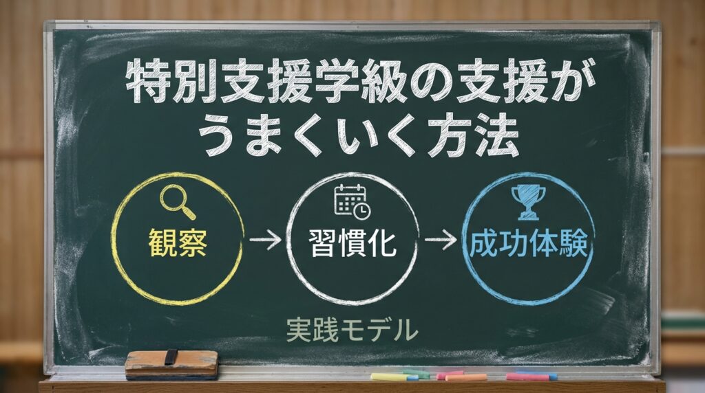 ブログ「教員コンパス」特別支援学級の支援がうまくいく方法観察習慣化成功体験までの実践モデルのまとめの画像です