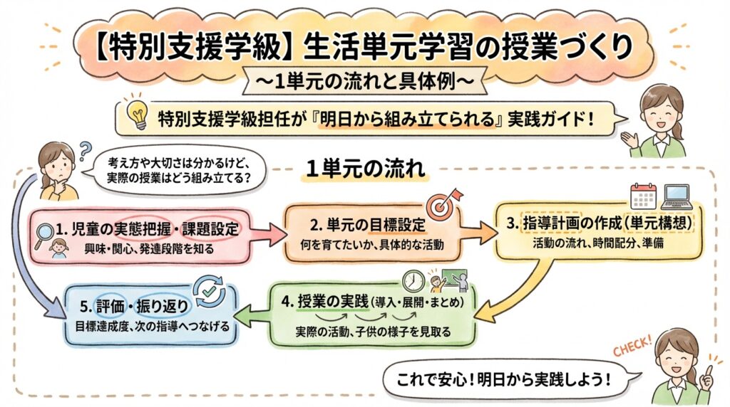 特別支援学級「生活単元学習の授業づくり|1単元の流れと具体例」の具体例の画像