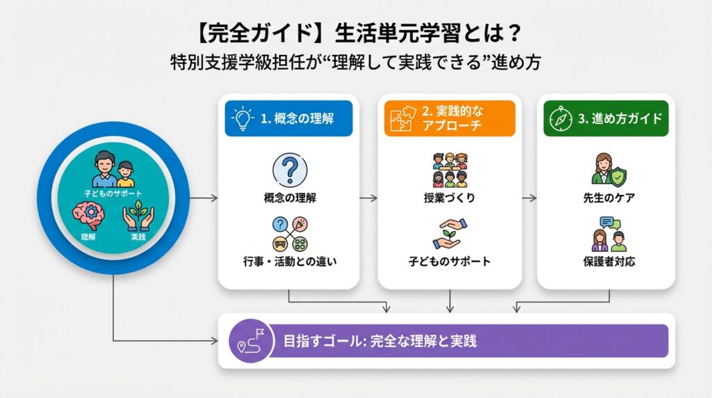 【完全ガイド】生活単元学習とは?特別支援学級担任が“理解して実践できる”進め方の1単元の全体像の画像