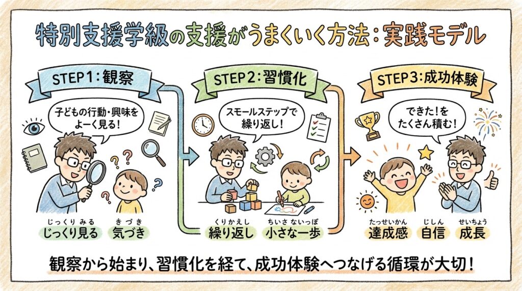 ブログ「教員コンパス」特別支援学級の支援がうまくいく方法|観察→習慣化→成功体験までの実践モデルの図解です