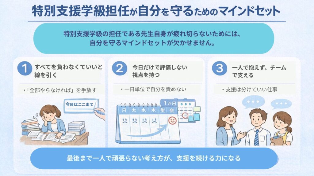 特別支援学級担任に必要なマインドセット5つ|頑張りすぎないための考え方の「特別支援学級担任が自分を守るためのマインドセット」の画像