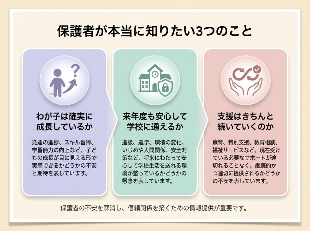 【特別支援学級】年度末の保護者会・懇談会・面談で話すこと|安心を渡す締めくくり方の「年度末に保護者が知りたい3つのこと」の画像です