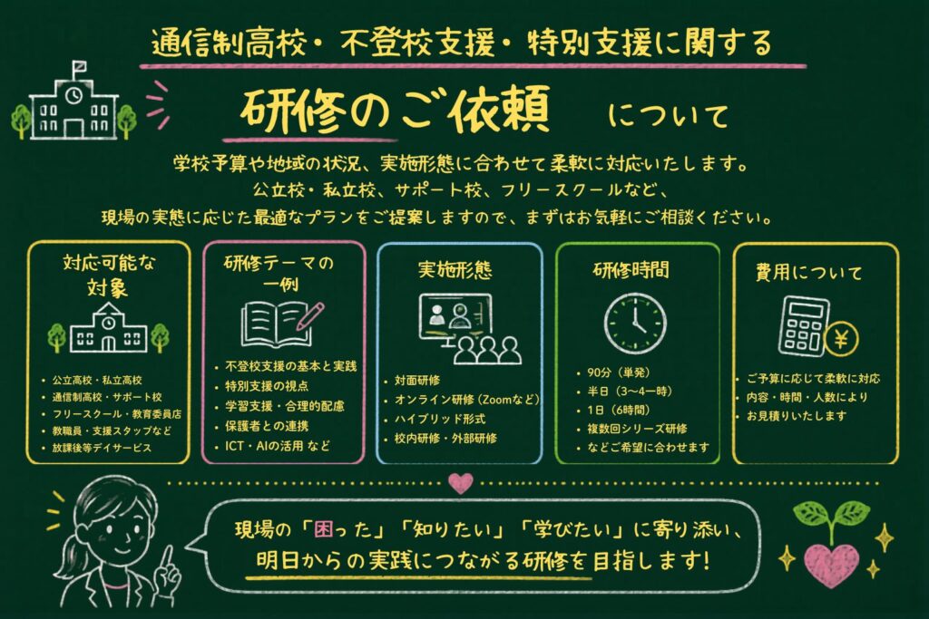 通信制高校・不登校支援・特別支援に関する研修の内容について研修のご依頼の画像