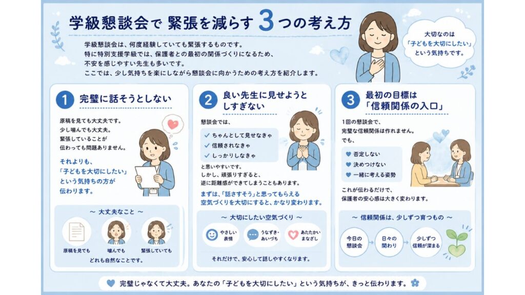 【保存版】特別支援学級の学級懇談会｜先生の緊張を減らすコツ＆コピペOKな挨拶例文10選の「学級懇談会で緊張を減らす3つの考え方」の画像