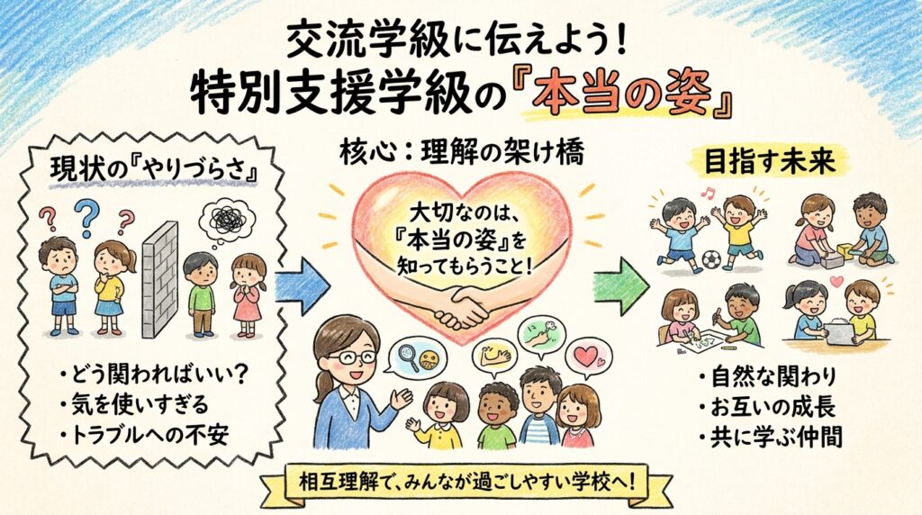 特別支援学級担任向けのブログ「教員コンパス」の交流学級の子ども達に伝えていますか?特別支援学級の子どもたちの本当の姿の記事を要約した画像