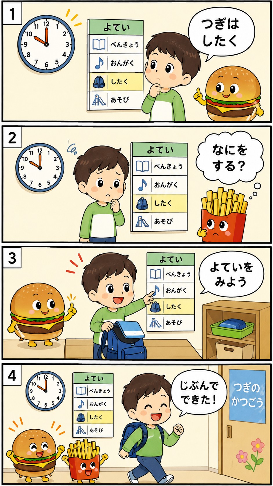 参加者がAIで作った4コマ漫画教材（次の活動への切り替えを助けるソーシャルストーリー）