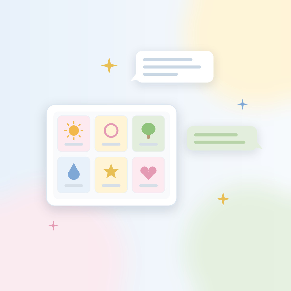 タブレットの絵カードと、AIとのやりとりを表すふきだしのイラスト