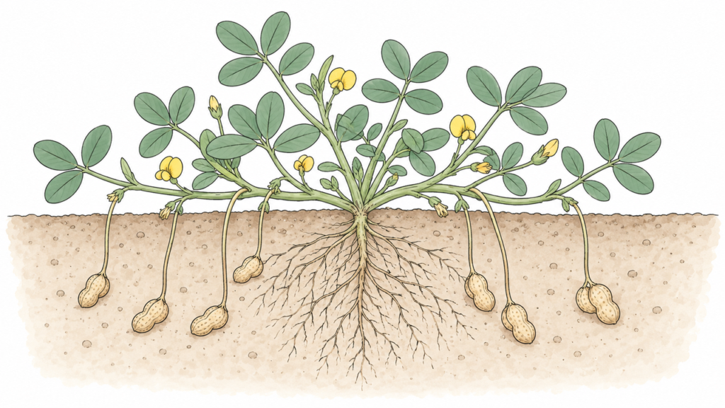 落花生の花のあとが土にもぐり、土の中に実ができる様子