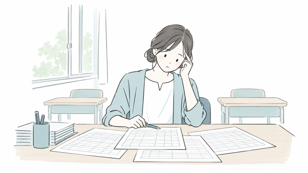 評価の記録用紙を前に考えこむ特別支援学級の先生