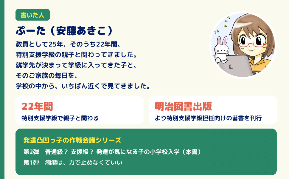 著者ぷーた（安藤あきこ）の似顔絵イラストと紹介文。教員として25年、そのうち22年間、特別支援学級の親子と関わってきた。明治図書出版より特別支援学級担任向けの著書を刊行。シリーズ2冊の書名。